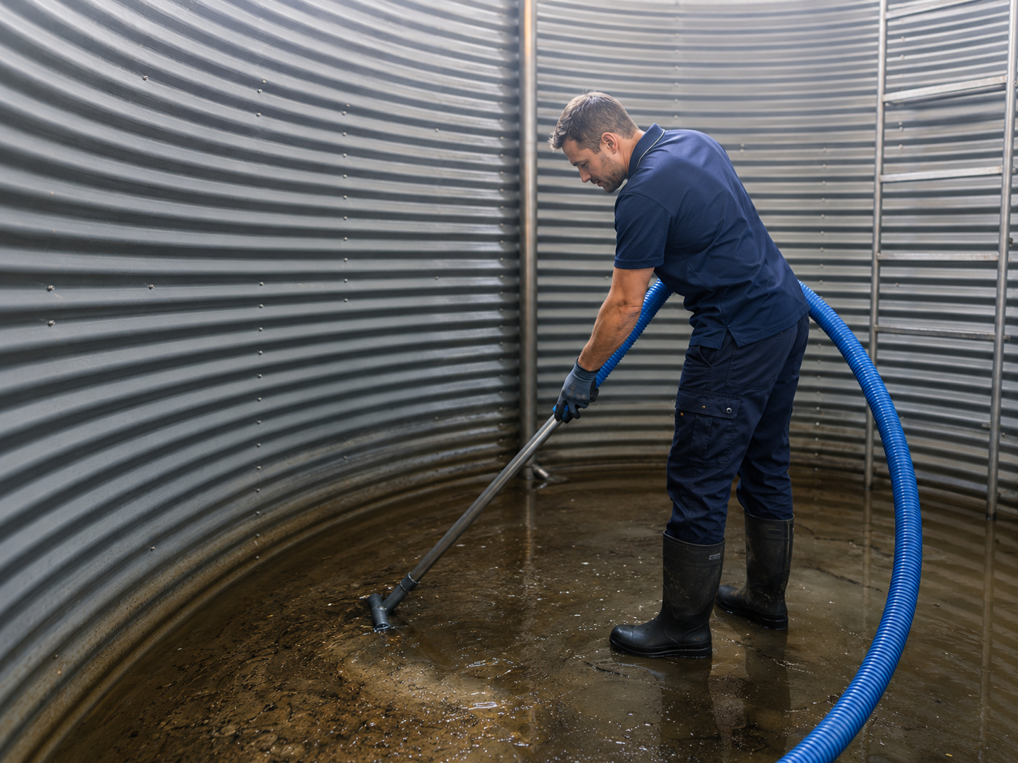 Tradesperson using industrial hose and service equipment